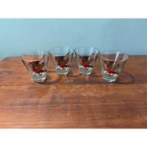 Vintage MCM Hazel Atlas Gold Wing Pheasant Shot Glasses ~ Set of 4 ~